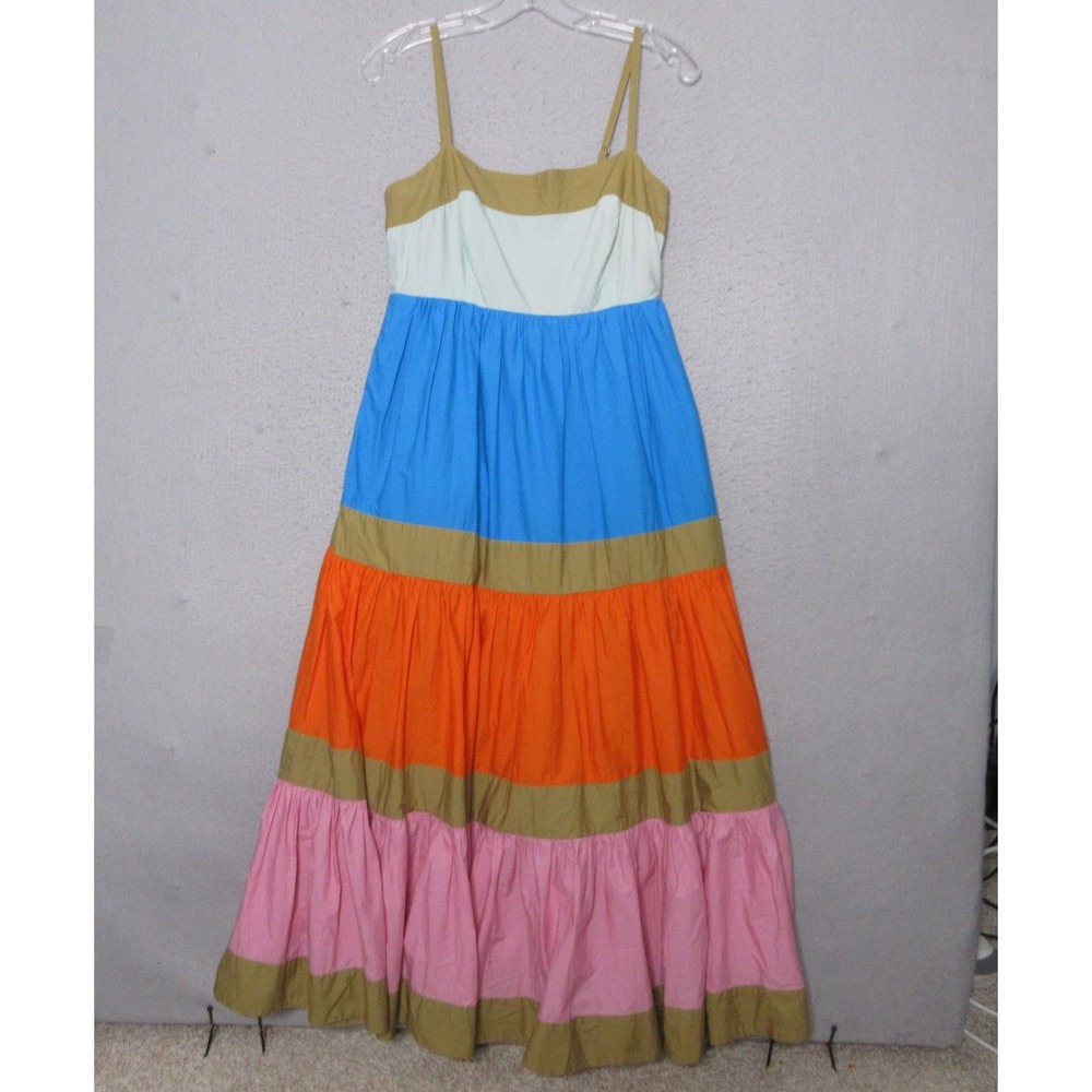 J Crew Dress Colorblock Tiered Maxi Cotton Poplin Boho Flowy Pockets Statement
